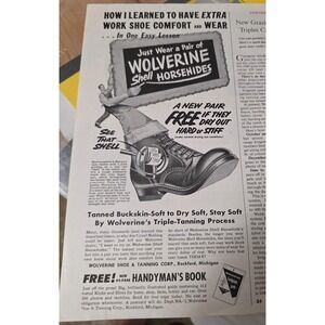 Vintage 1940s Wolverine Shell Horsehides Work Shoe Print Ad Original Boot Decor
